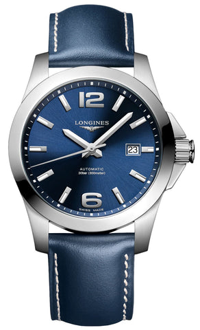 Longines Conquest Automatic Stainless Steel Blue Dial Blue Leather Strap Date Divers Mens Watch L3.777.4.99.0 - WAB - Shipping Dept.