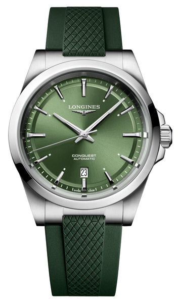 Longines Conquest Automatic Stainless Steel Green Dial Green Rubber Strap Date Mens Watch L3.830.4.02.9 - Watches & Beyond
