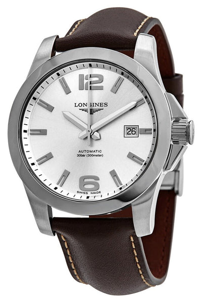 Longines Conquest Automatic Stainless Steel Silver Dial Brown Leather Strap Date Divers Mens Watch L3.777.4.76.5 - WAB - Shipping Dept.