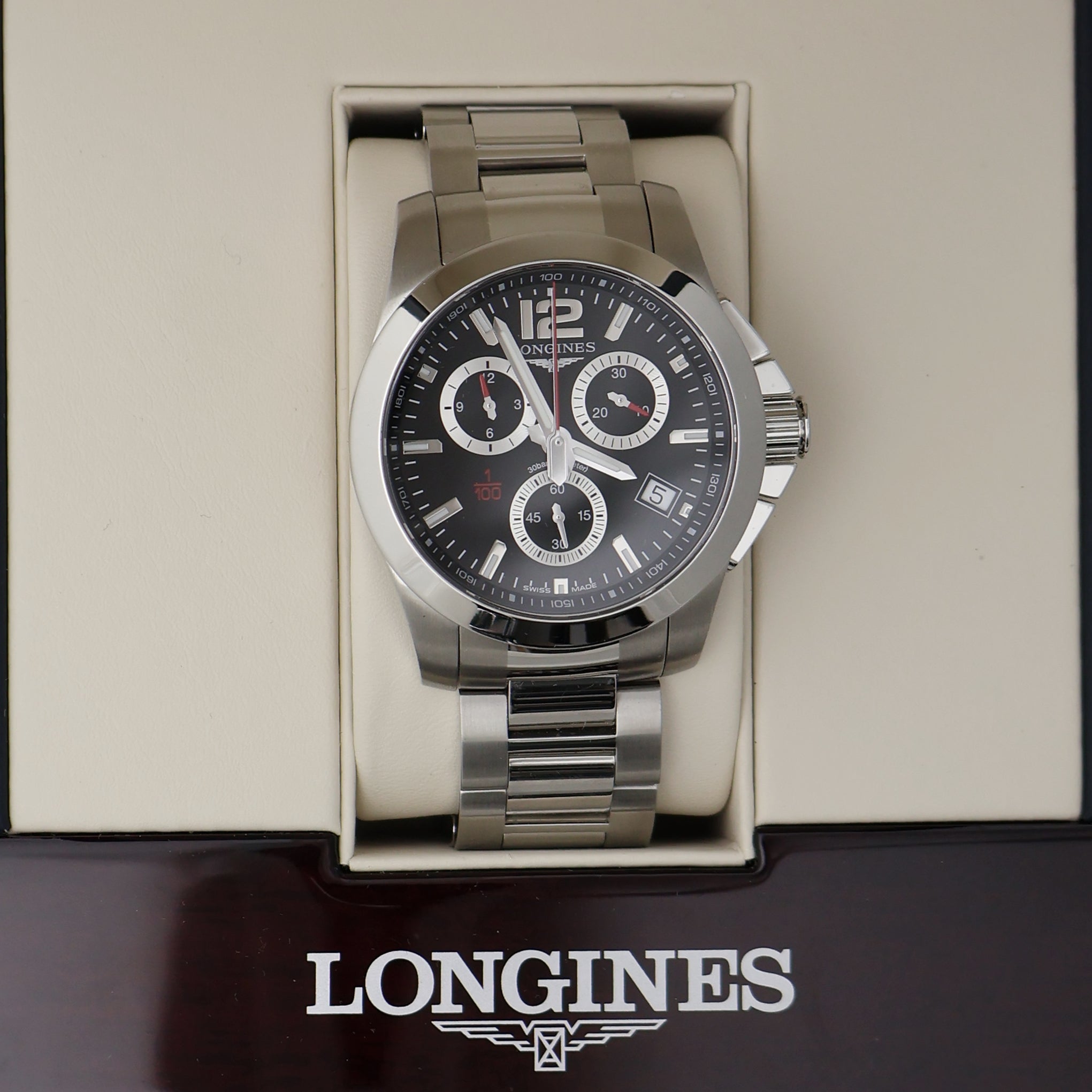 Longines Conquest Chronograph Stainless Steel Black Dial Date Divers Quartz Mens Watch L3.700.4.56.6 - WAB - Shipping Dept.