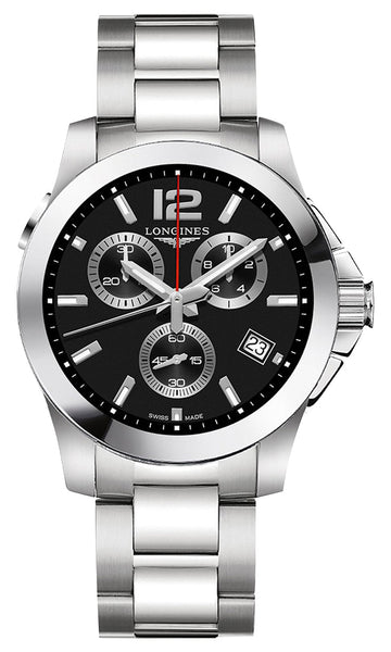 Longines Conquest Chronograph Stainless Steel Black Dial Date Divers Quartz Mens Watch L3.702.4.56.6 - WAB - Shipping Dept.