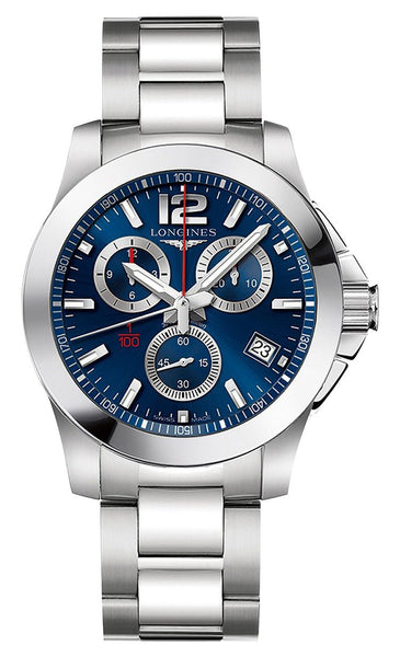 Longines Conquest Chronograph Stainless Steel Blue Dial Date Divers Quartz Mens Watch L3.700.4.96.6 - WAB - Shipping Dept.