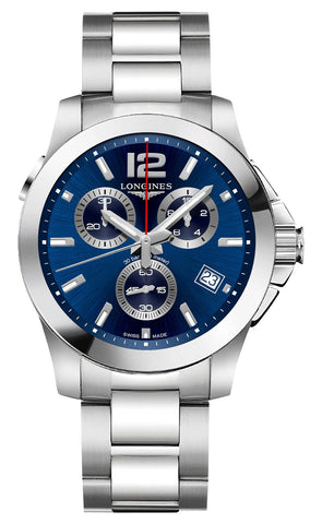 Longines Conquest Chronograph Stainless Steel Blue Dial Date Divers Quartz Mens Watch L3.702.4.96.6 - WAB - Shipping Dept.