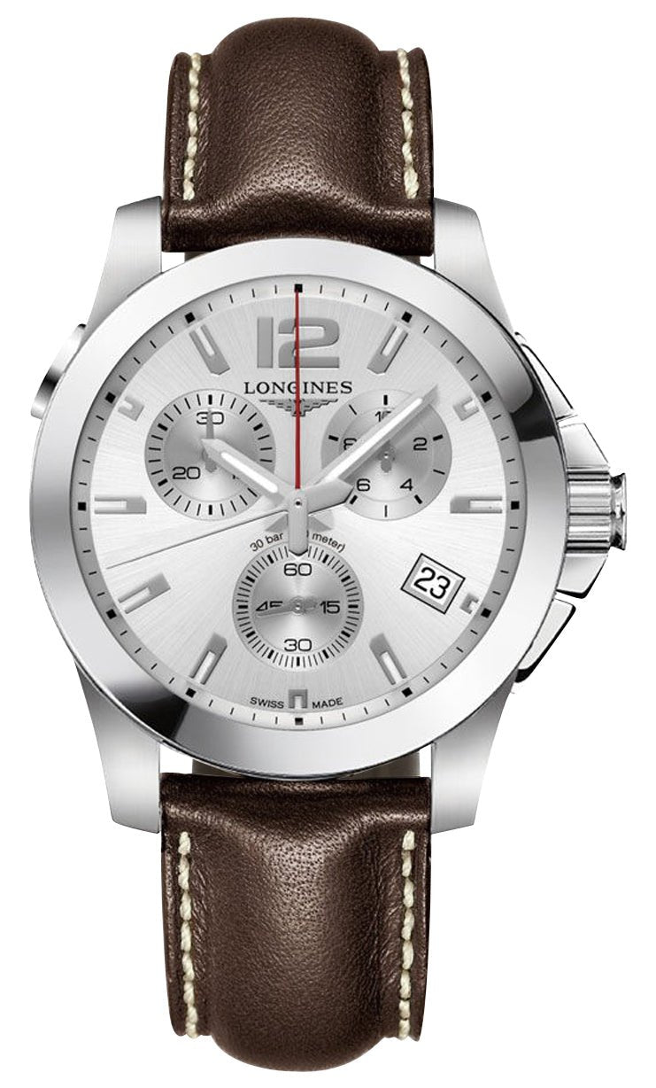 Longines Conquest Chronograph Stainless Steel Silver Dial Brown Leather Strap Date Divers Quartz Mens Watch L3.702.4.76.5 - WAB - Shipping Dept.