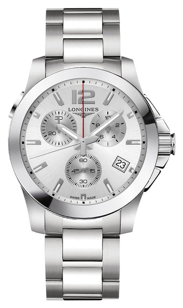 Longines Conquest Chronograph Stainless Steel Silver Dial Date Divers Quartz Mens Watch L3.702.4.76.6 - WAB - Shipping Dept.