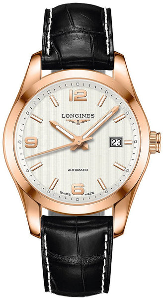 Longines Conquest Classic Automatic 18K Rose Gold Silver Dial Black Leather Strap Date Mens Watch L2.785.8.76.3 - Watches & Beyond