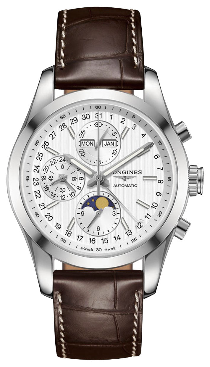 Longines Conquest Classic Automatic Chronograph Moonphase Month/Day/Date Silver Dial Brown Leather Strap Mens Watch L2.798.4.72.3 - WAB - Shipping Dept.