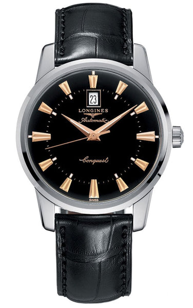 Longines Conquest Heritage Automatic Stainless Steel Black Dial Black Leather Strap Date Mens Watch L1.645.4.52.4 - WAB - Shipping Dept.