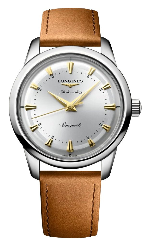 Longines Conquest Heritage Automatic Stainless Steel Silver Dial Brown Leather Strap Mens Watch L1.650.4.72.2 - WAB - Shipping Dept.