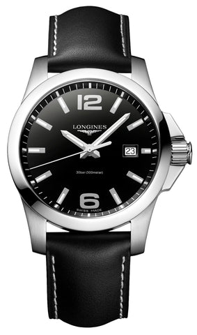 Longines Conquest Stainless Steel Black Dial Black Leather Strap Date Divers Quartz Mens Watch L3.759.4.58.3 - Watches & Beyond