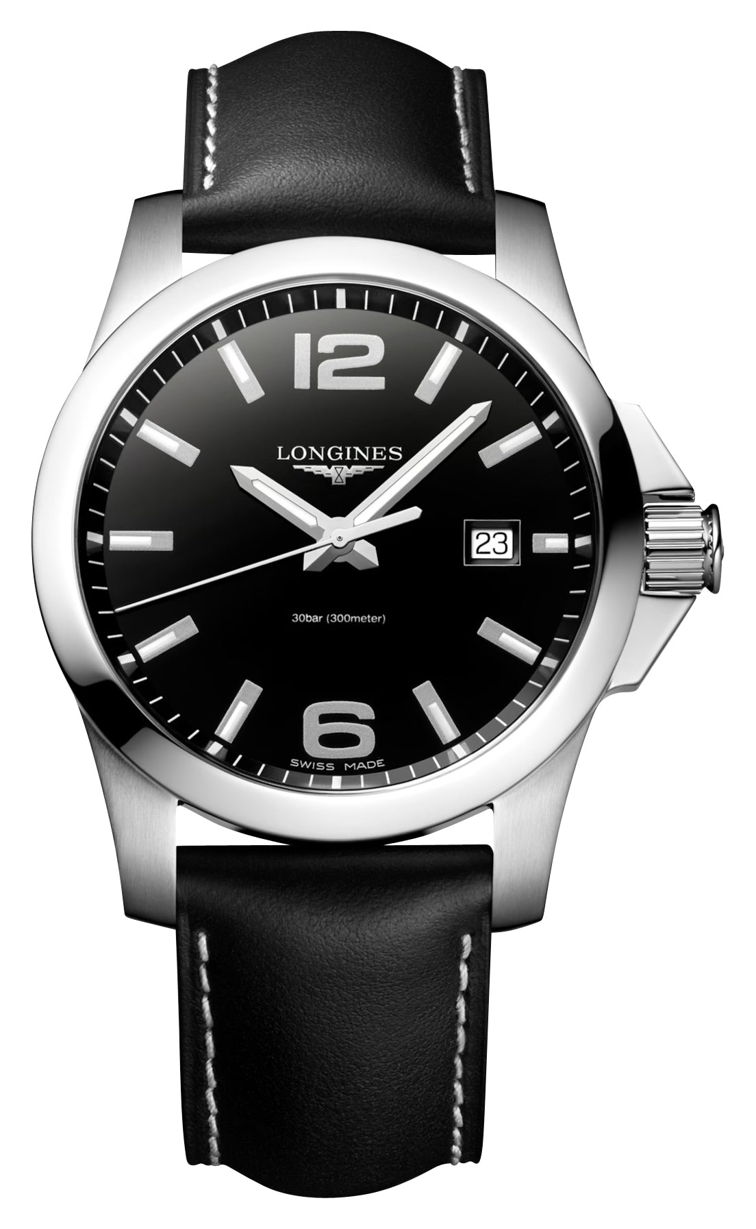 Longines Conquest Stainless Steel Black Dial Black Leather Strap Date Divers Quartz Mens Watch L3.760.4.56.3 - Watches & Beyond