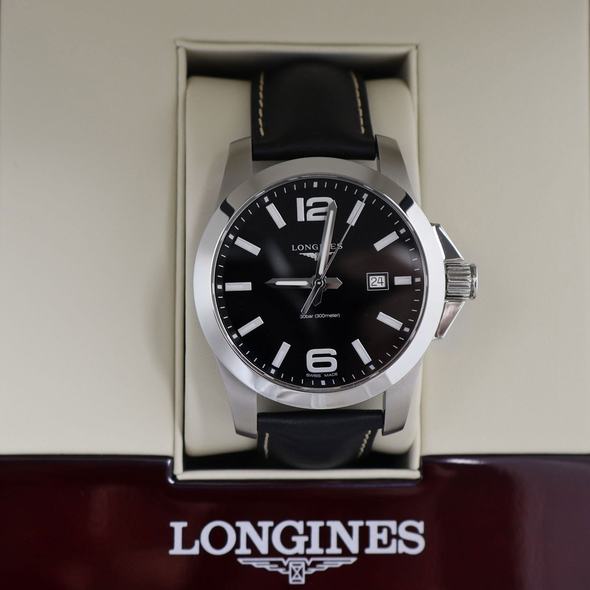 Longines Conquest Stainless Steel Black Dial Black Leather Strap Date Divers Quartz Mens Watch L3.760.4.56.3 - Watches & Beyond