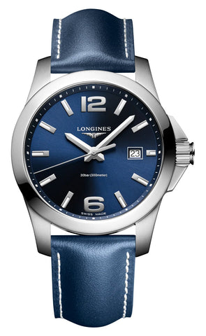 Longines Conquest Stainless Steel Blue Dial Blue Leather Strap Date Divers Quartz Mens Watch L3.759.4.96.0 - Watches & Beyond