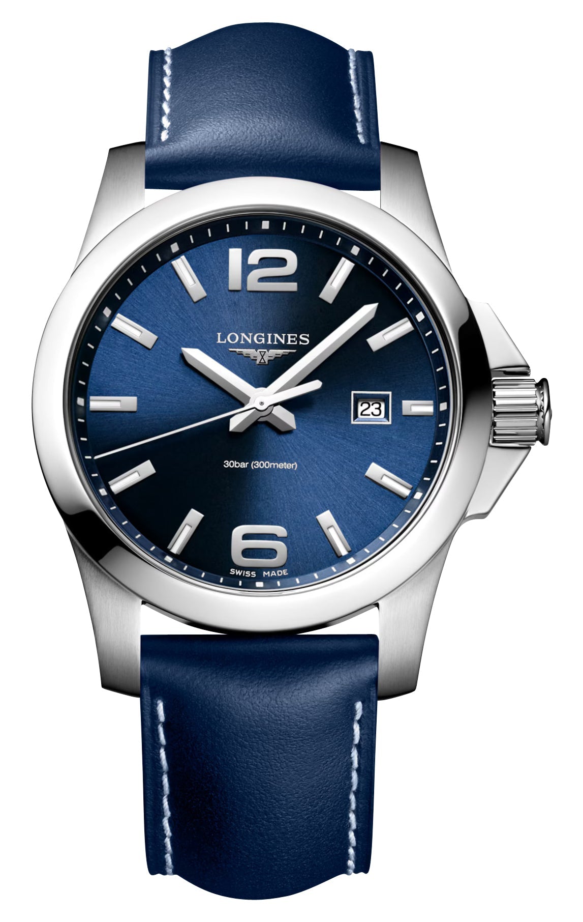 Longines Conquest Stainless Steel Blue Dial Blue Leather Strap Date Divers Quartz Mens Watch L3.760.4.96.0 - Watches & Beyond