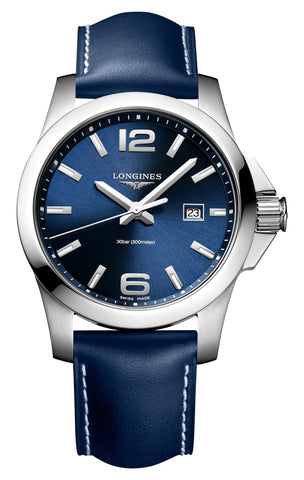 Longines Conquest Stainless Steel Blue Dial Blue Leather Strap Date Divers Quartz Mens Watch L3.760.4.96.0 - Watches & Beyond