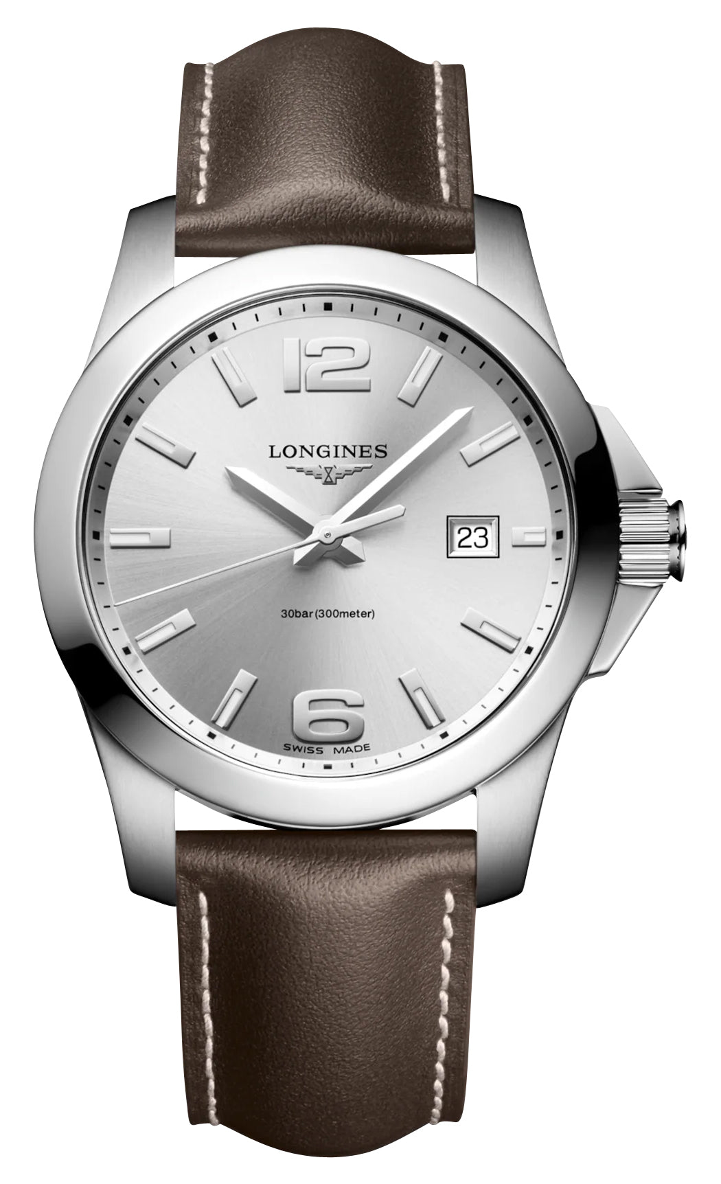 Longines Conquest Stainless Steel Silver Dial Brown Leather Strap Date Divers Quartz Mens Watch L3.759.4.76.5 - Watches & Beyond