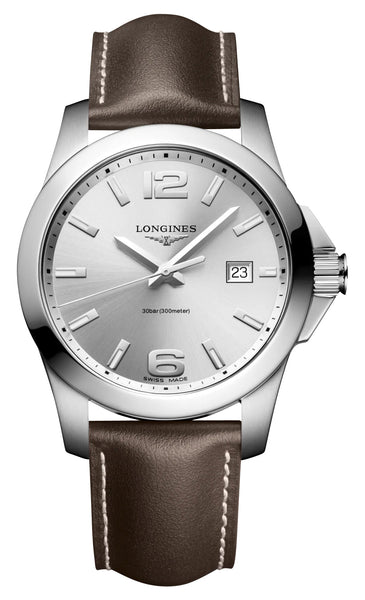 Longines Conquest Stainless Steel Silver Dial Brown Leather Strap Date Divers Quartz Mens Watch L3.759.4.76.5 - Watches & Beyond