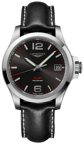 Longines Conquest V.H.P. Black Dial Black Leather Strap 41mm Men's Watch L3.716.4.56.2 - WAB - Shipping Dept.