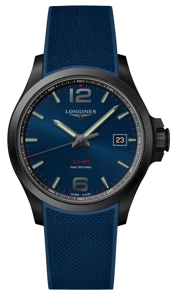 Longines Conquest V.H.P. Black PVD Blue Dial Blue Rubber Strap Perpetual Calendar Date Quartz Mens Watch L3.726.2.96.9 - Watches & Beyond