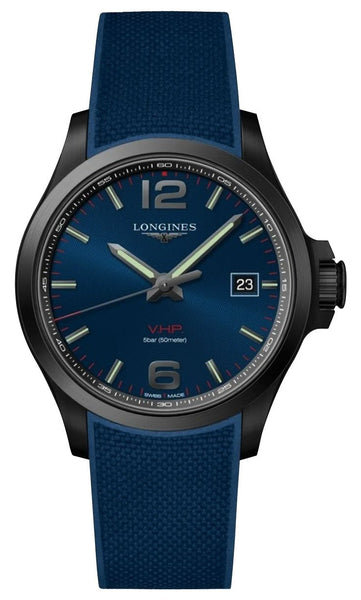 Longines Conquest V.H.P. Black PVD Blue Dial Blue Rubber Strap Perpetual Calendar Date Quartz Mens Watch L3.726.2.96.9 - Watches & Beyond