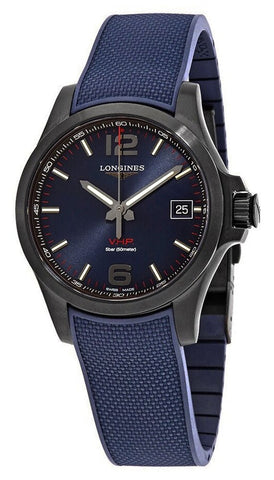 Longines Conquest V.H.P. Black PVD Blue Rubber Strap Blue Dial Perpetual Calendar Date Quartz Mens Watch L3.716.2.96.9 - WAB - Shipping Dept.