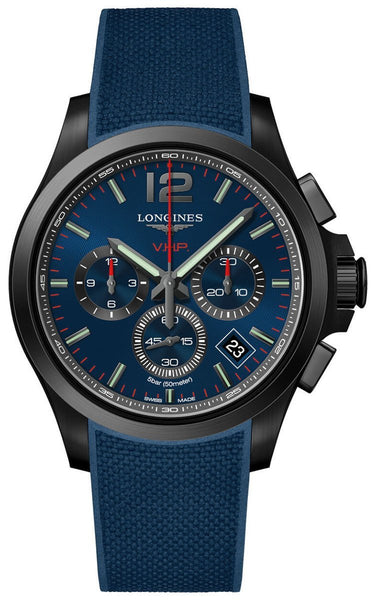 Longines Conquest V.H.P. Chronograph Black PVD Blue Rubber Strap Blue Dial Perpetual Calendar Date Quartz Mens Watch L3.717.2.96.9 - WAB - Shipping Dept.