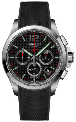 Longines Conquest V.H.P. Chronograph Stainless Steel Black Dial Black Rubber Strap Perpetual Calendar Date Quartz Mens Watch L3.717.4.66.9 - WAB - Shipping Dept.