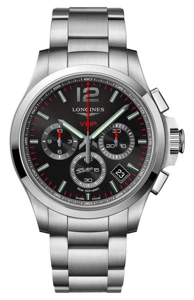 Longines Conquest V.H.P. Chronograph Stainless Steel Black Dial Perpetual Calendar Date Quartz Mens Watch L3.717.4.56.6 - WAB - Shipping Dept.