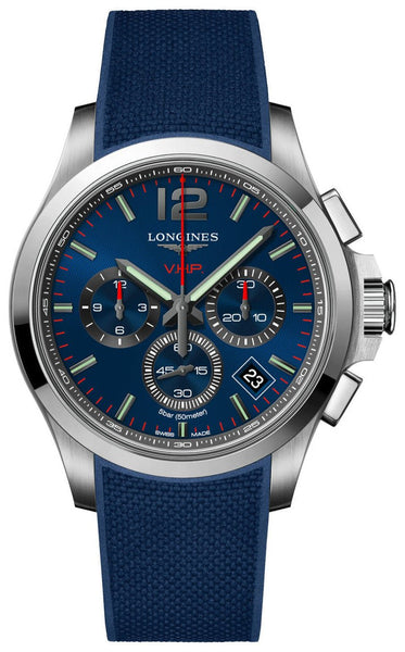 Longines Conquest V.H.P. Chronograph Stainless Steel Blue Dial Blue Rubber Strap Perpetual Calendar Date Quartz Mens Watch L3.717.4.96.9 - WAB - Shipping Dept.