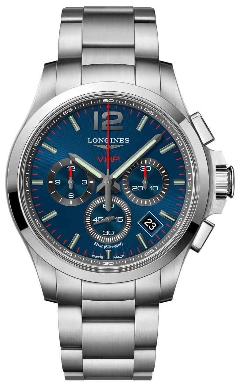 Longines Conquest V.H.P. Chronograph Stainless Steel Blue Dial Perpetual Calendar Date Quartz Mens Watch L3.717.4.96.6 - WAB - Shipping Dept.