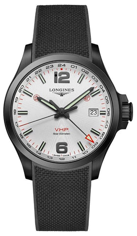 Longines Conquest V.H.P. GMT Black PVD Black Rubber Strap Silver Dial Perpetual Calendar Date Quartz Mens Watch L3.728.2.76.9 - WAB - Shipping Dept.