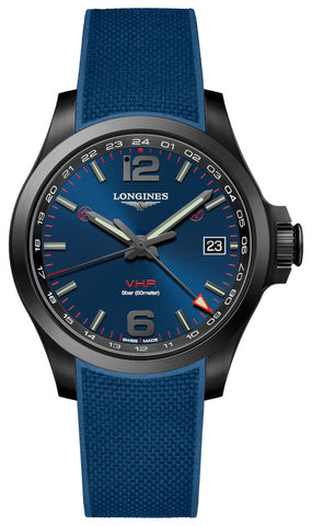 Longines Conquest V.H.P. GMT Black PVD Blue Rubber Strap Blue Dial Perpetual Calendar Date Quartz Mens Watch L3.718.2.96.9 - WAB - Shipping Dept.