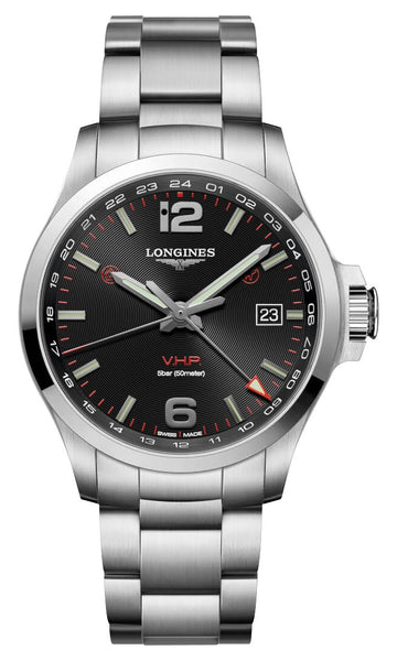 Longines Conquest V.H.P. GMT Stainless Steel Black Dial Perpetual Calendar Date Quartz Mens Watch L3.728.4.56.6 - Watches & Beyond