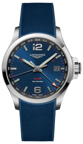 Longines Conquest V.H.P. GMT Stainless Steel Blue Dial Blue Rubber Strap Perpetual Calendar Date Quartz Mens Watch L3.728.4.96.9 - WAB - Shipping Dept.