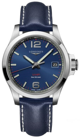 Longines Conquest V.H.P. Stainless Steel Blue Dial Blue Leather Strap Date Quartz Mens Watch L3.726.4.96.7 - WAB - Shipping Dept.