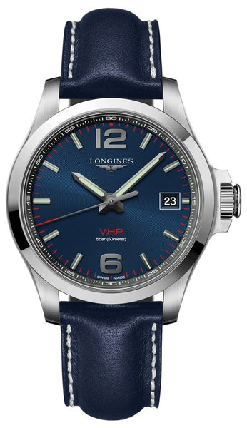 Longines Conquest V.H.P. Stainless Steel Blue Dial Blue Leather Strap Perpetual Calendar Date Quartz Mens Watch L3.716.4.96.0 - WAB - Shipping Dept.