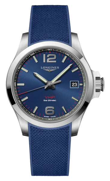 Longines Conquest V.H.P. Stainless Steel Blue Dial Blue Rubber Strap Perpetual Calendar Date Quartz Mens Watch L3.716.4.96.9 - WAB - Shipping Dept.