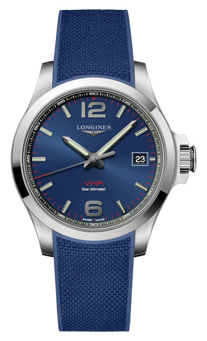 Longines Conquest V.H.P. Stainless Steel Blue Dial Blue Rubber Strap Perpetual Calendar Date Quartz Mens Watch L3.716.4.96.9 - WAB - Shipping Dept.