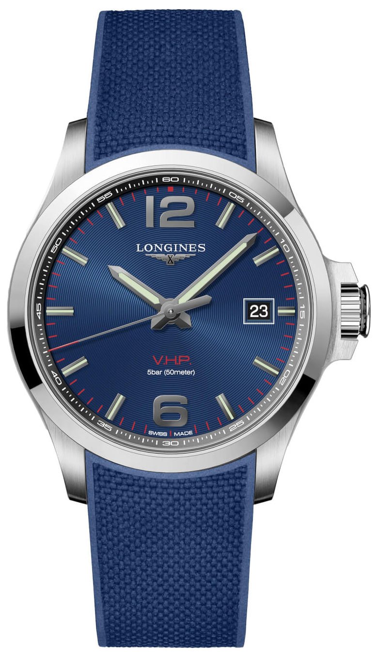 Longines Conquest V.H.P. Stainless Steel Blue Dial Blue Rubber Strap Perpetual Calendar Date Quartz Mens Watch L3.726.4.96.9 - WAB - Shipping Dept.