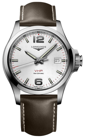 Longines Conquest V.H.P. Stainless Steel Silver Dial Brown Leather Strap Date Quartz Mens Watch L3.726.4.76.4 - WAB - Shipping Dept.