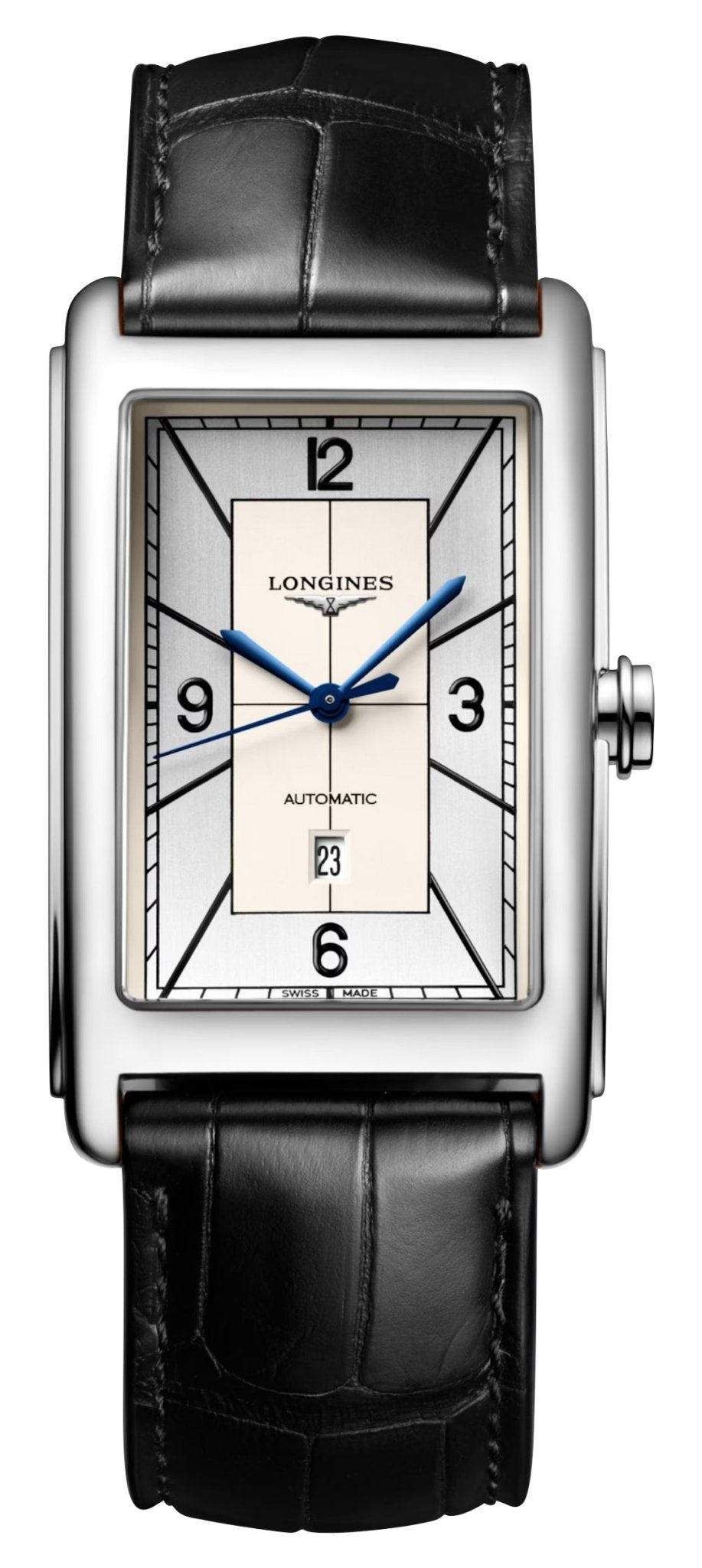 Longines DolceVita Automatic Stainless Steel Silver Dial Black Leather Strap Date Mens Watch L5.767.4.73.0 - Watches & Beyond