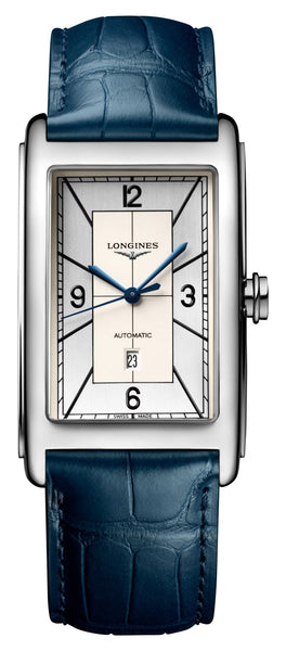 Longines DolceVita Automatic Stainless Steel Silver Dial Blue Leather Strap Date Mens Watch L5.767.4.73.9 - Watches & Beyond