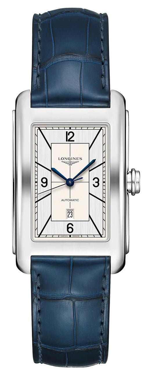 Longines DolceVita Automatic Stainless Steel Silver Dial Blue Leather Strap Date Unisex Watch L5.757.4.73.9 - Watches & Beyond