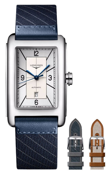 Longines DolceVita Automatic Stainless Steel Silver Dial Interchangeable Blue/Gray/Brown Fabric Straps Date Unisex Watch L5.757.4.73.8 - Watches & Beyond