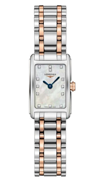 Longines DolceVita Stainless Steel & Rose Gold Mother - Of - Pearl Dial Diamonds Rectangle Quartz Womens Watch L5.258.5.87.7 - WAB - Shipping Dept.