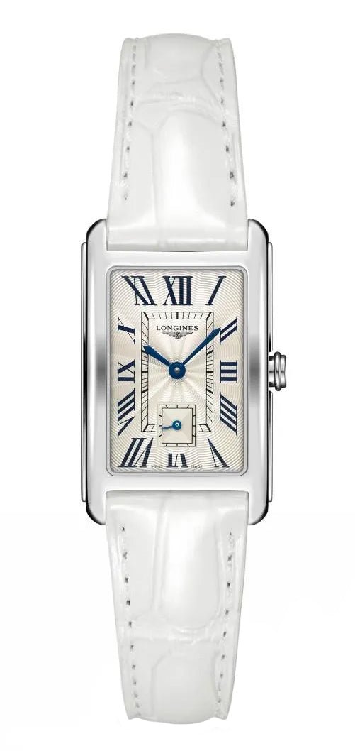 Longines DolceVita Stainless Steel Silver Dial White Leather Strap Quartz Womens Watch L5.512.4.71.2 - Watches & Beyond