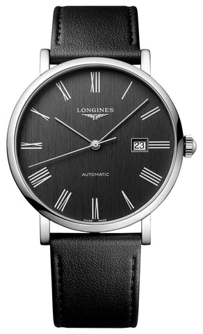 Longines Elegant Automatic Stainless Steel Dark Gray Dial Black Leather Strap Date Mens Watch L4.911.4.71.2 - Watches & Beyond