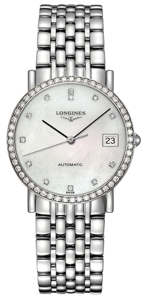 Longines Elegant Automatic Stainless Steel Mother - Of - Pearl Dial Diamonds Date Womens Watch L4.809.0.87.6 - WAB - Shipping Dept.