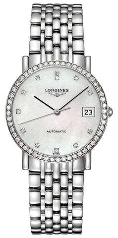 Longines Elegant Automatic Stainless Steel Mother - Of - Pearl Dial Diamonds Date Womens Watch L4.809.0.87.6 - WAB - Shipping Dept.