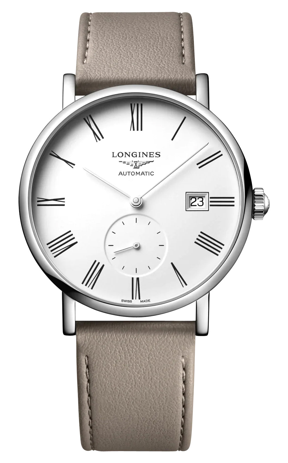 Longines Elegant Automatic Stainless Steel White Dial Beige Leather Strap Date Unisex Watch L4.812.4.11.2 - WAB - Shipping Dept.